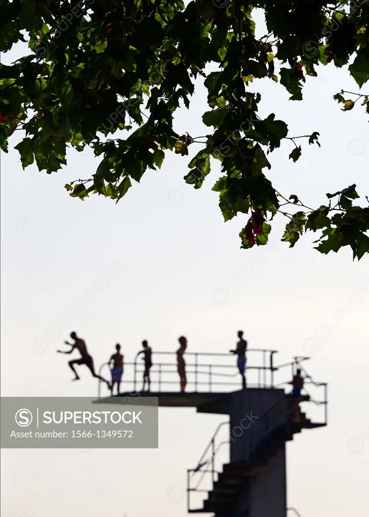 selected focus, focus on the tree leaves in the foreground, out of focus background - single man jumping from diving tower to waters of Lake Geneva, P...