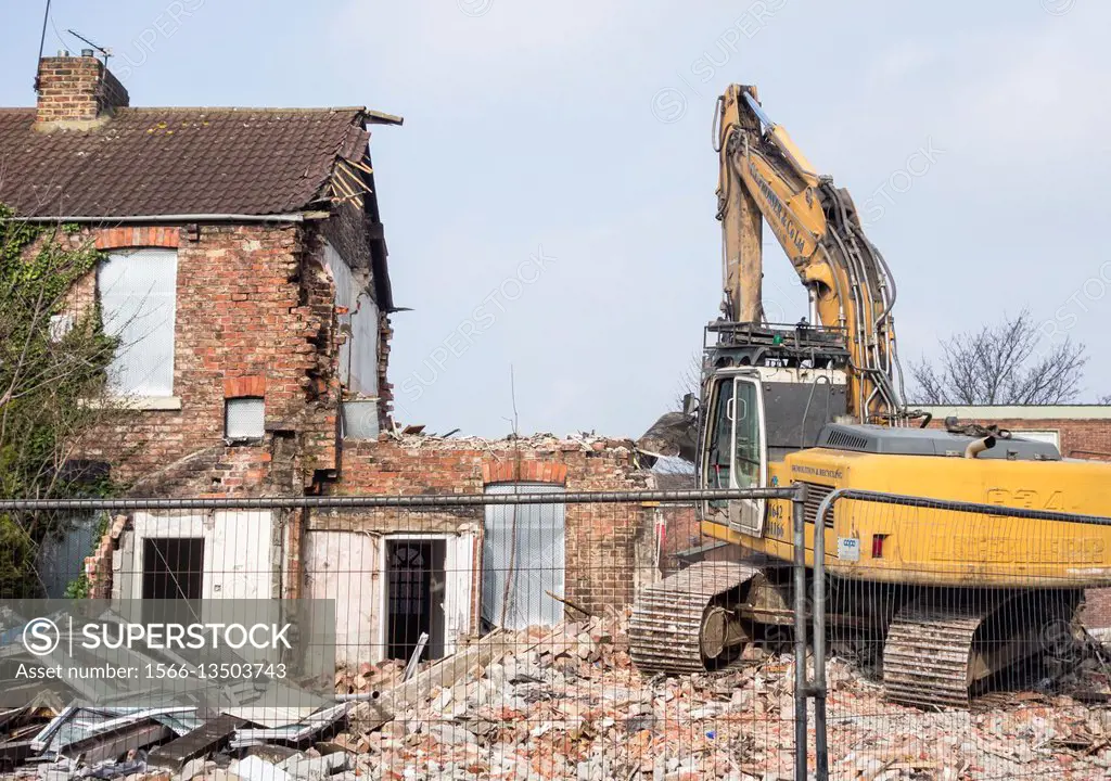 Demolition of terraced houses in Middlesbrough, north east England, United Kingdom.