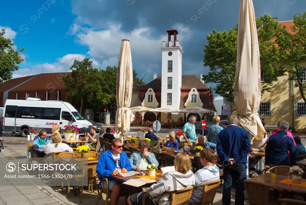 People eating on terrace Kuressaare town Saaremaa island Estonia northern Europe.