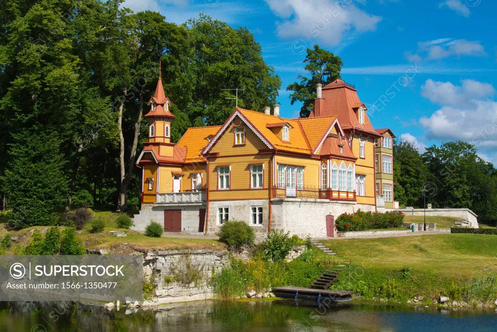 Wooden buildings in Lossipark the castle park Kuressaare town Saaremaa island Estonia northern Europe.