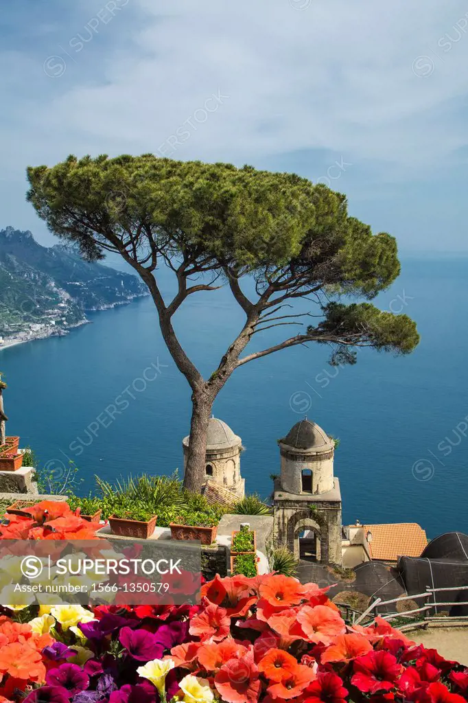 Church of Annunziata and Mediterranean sea view from the gardens of Villa Rufolo, Ravello, Amalfi Peninsula, Campania, Italy