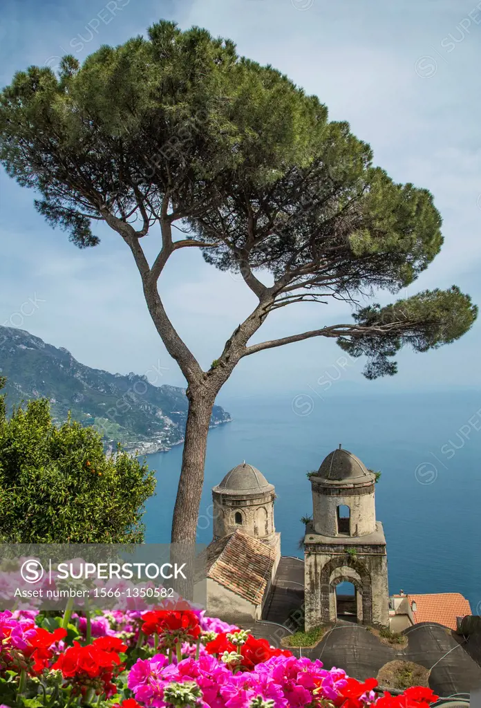 Church of Annunziata and Mediterranean sea view from the gardens of Villa Rufolo, Ravello, Amalfi Peninsula, Campania, Italy