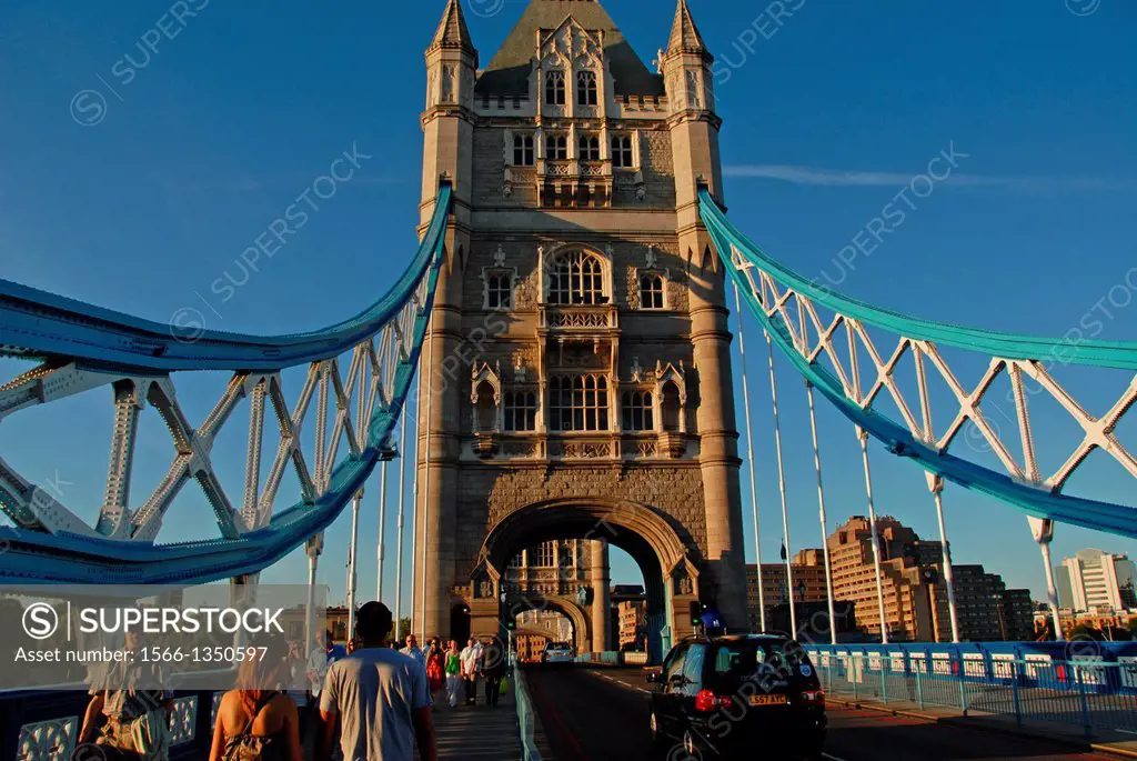 One of the Neo-gothic towers that compose the Tower Bridge over the Thames in London, England, Great Britain, Europe