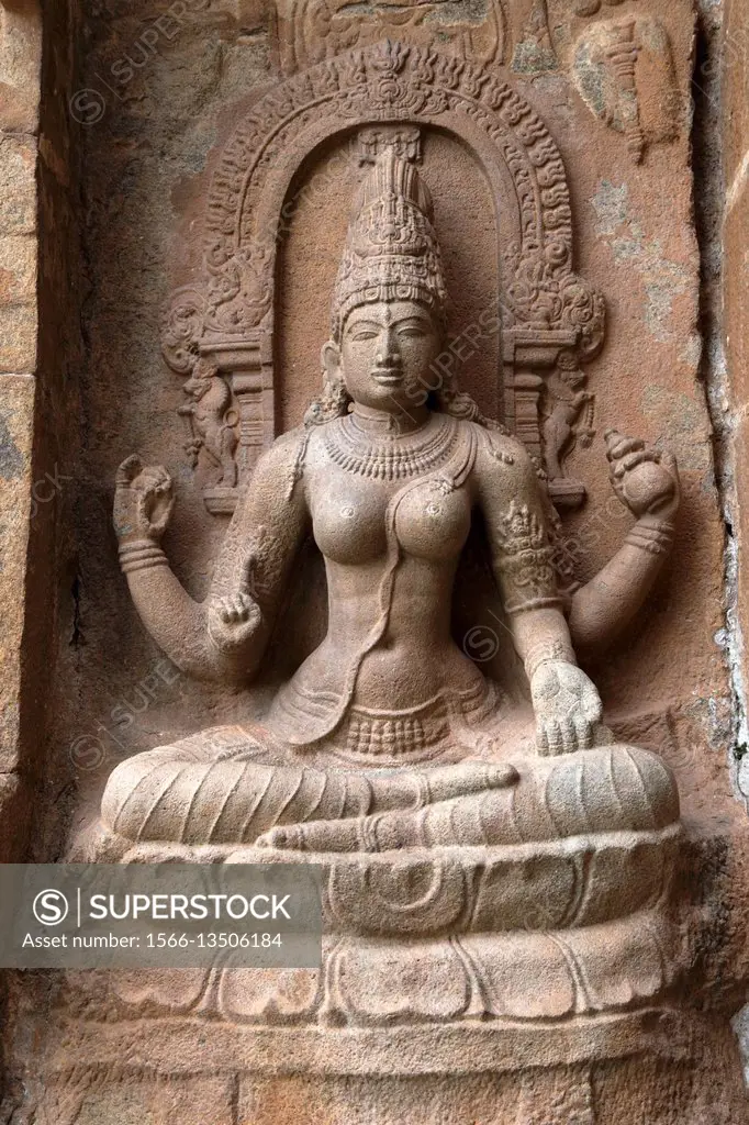 Goddess Sarsvati seated on a lotus, northern niche of the central shrine, Brihadisvara Temple, Gangaikondacholapuram, Tamil Nadu, India.