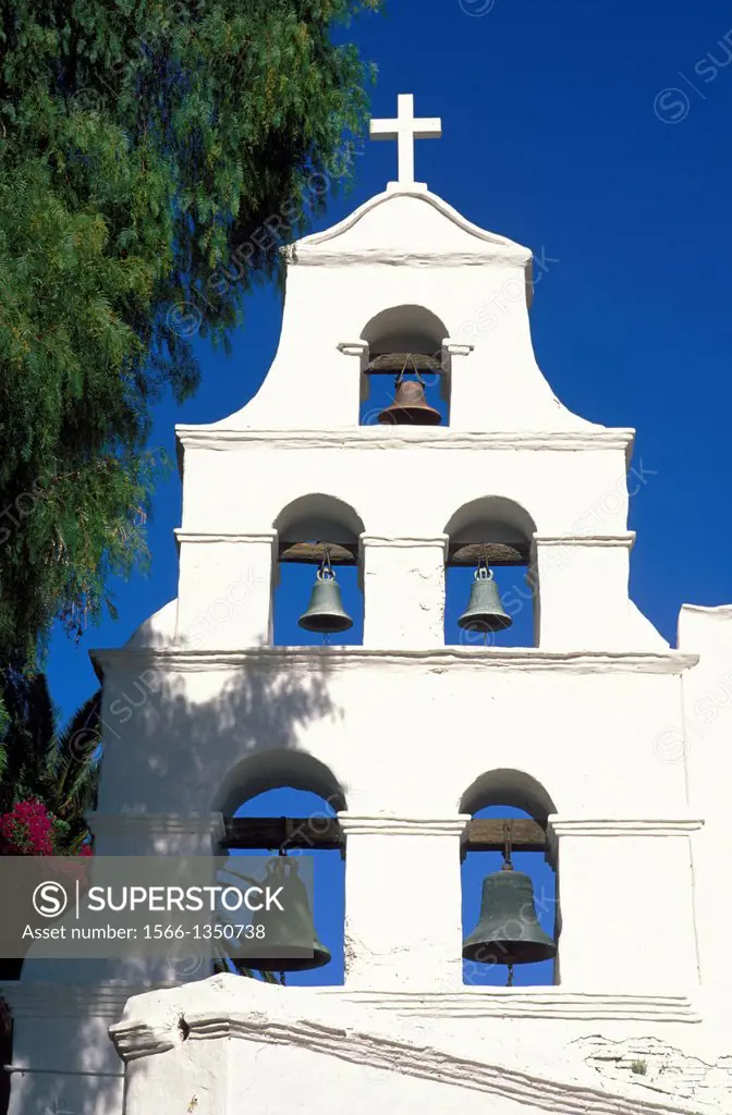 The white washed bell tower at Mission San Diego (California's first Mission), San Diego, California USA.