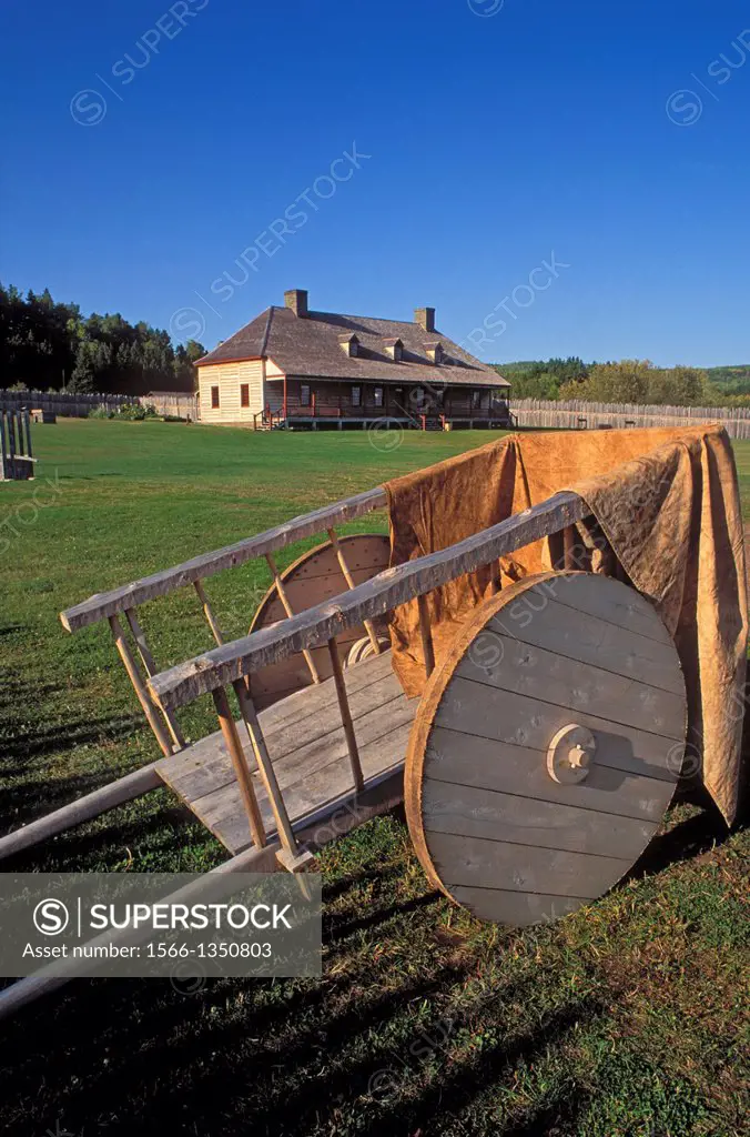 Wooden cart and the Great Hall at Grand Portage, Grand Portage National Monument, Minnesota.