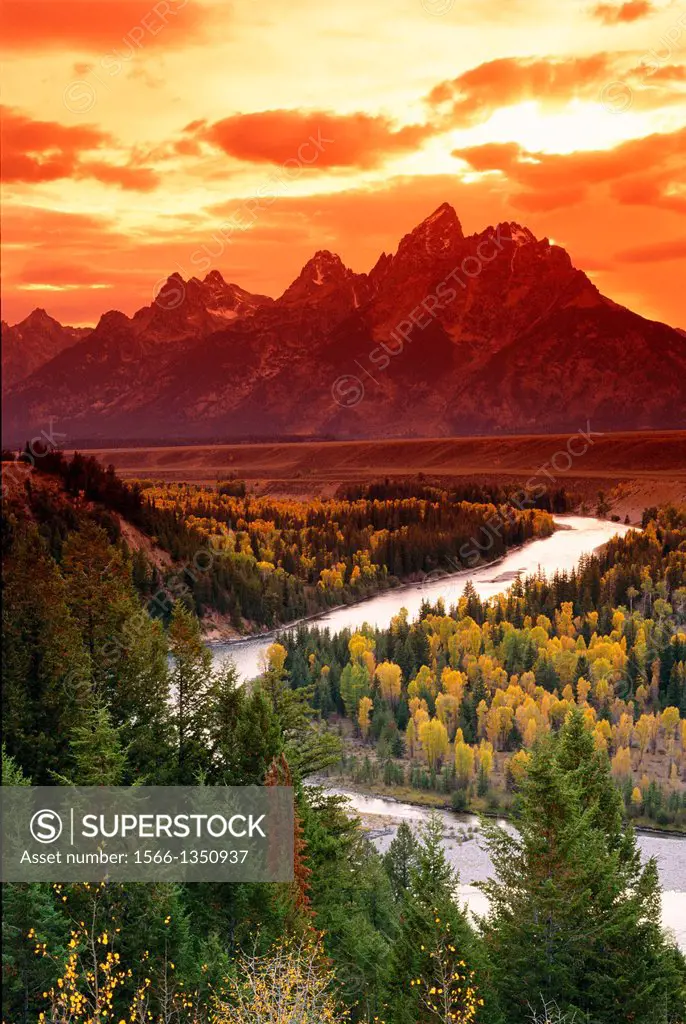 Clearing storm over the Grand Tetons at sunset from the Snake River overlook, Grand Teton National Park, Wyoming USA.