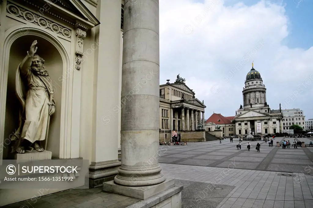 GERMANY, BERLIN, GENDARMENMARKT, GERMAN CATHEDRAL, THEATER (BUILT BY SCHINKEL) AND FRENCH CATHEDRAL.