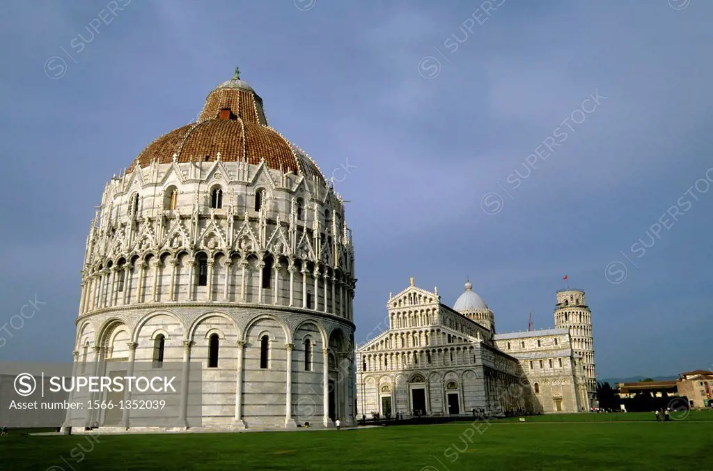ITALY, PISA, FROM LEFT: BALLISTERO, CATHEDRAL AND LEANING TOWER OF PISA.