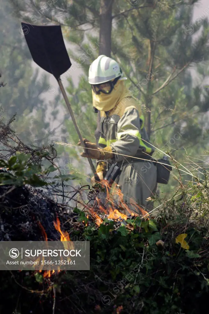 A fire brigade off with a shovel in a forest fire in a forest of Galicia