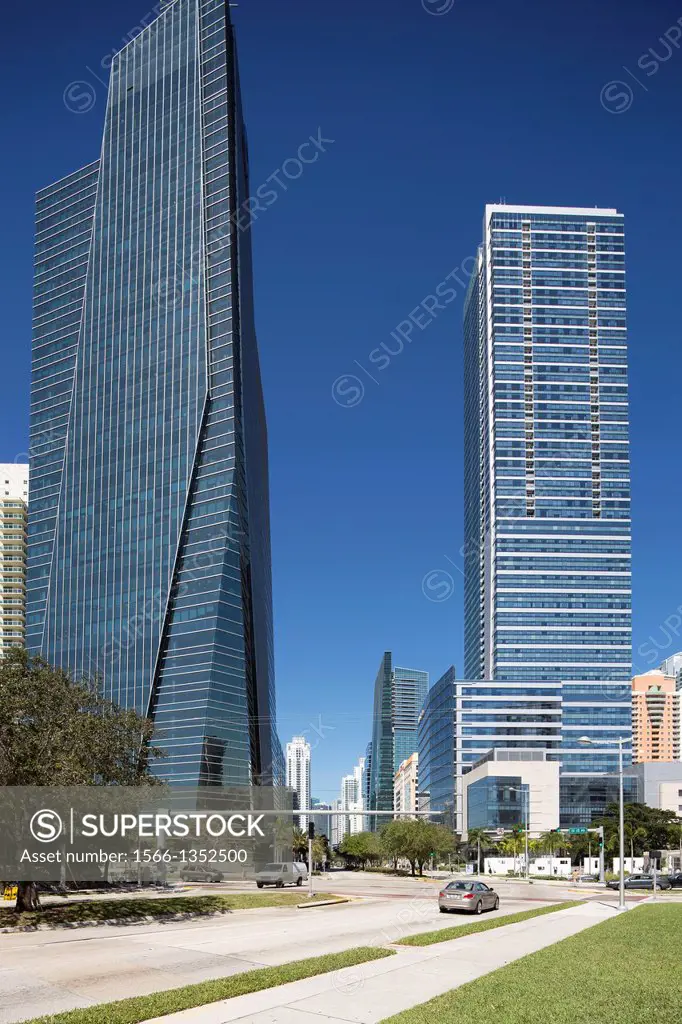 Brickell Avenue, Miami, Florida (JP Morgan Chase Left, Four Seasons right), USA
