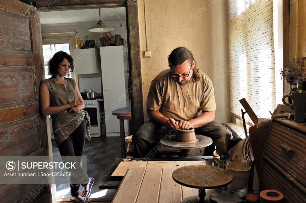 Ivars and Leva, potters craftman in their workshop at Kemeri, Jurmala, Gulf of Riga, Latvia, Baltic region, Northern Europe.
