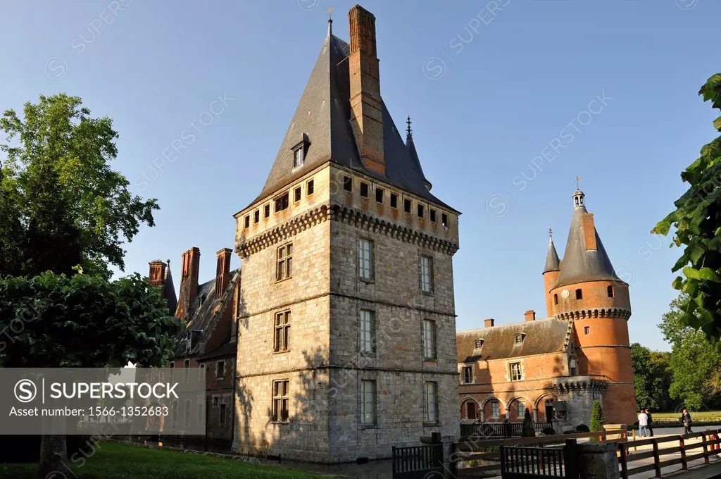 Medieval square tower from 13th et Renaissance tower in background, Chateau de Maintenon, Eure & Loir department, region Centre, France, Europe.