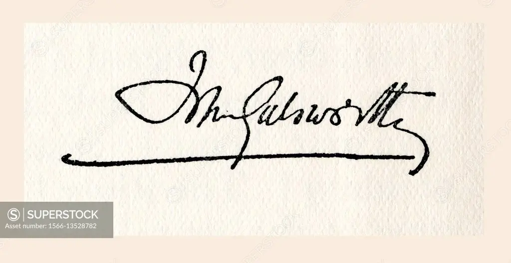 Signature of John Galsworthy, 1867-1933. English novelist and playwright, winner of the Nobel Prize in Literature in 1932. From King Albert's Book, pu...