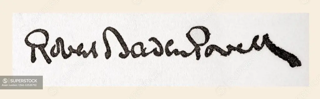 Signature of Lieutenant General Robert Stephenson Smyth Baden-Powell, 1st Baron Baden-Powell, 1857-1941, aka B-P or Lord Baden-Powell. British Army of...