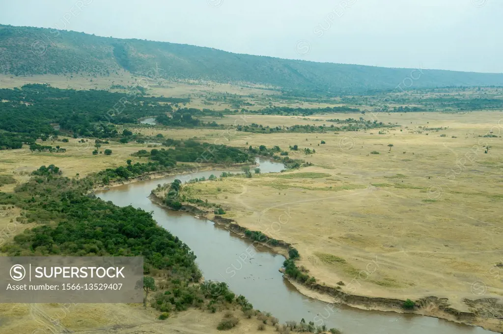 Aerial view of the Mara River in the Masai Mara National Reserve in Kenya.