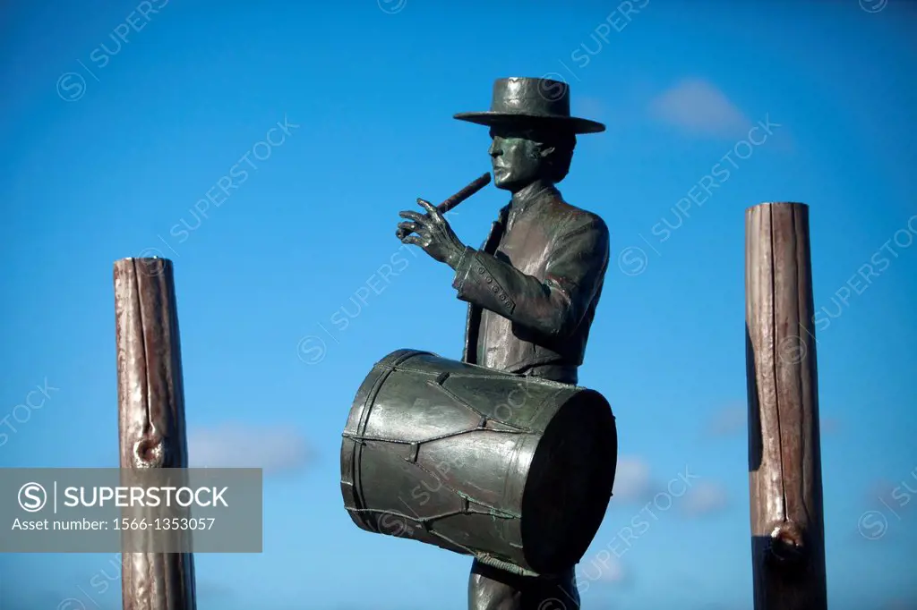 A statue of a drummer, known in Spanish as tamborilero, decorates the Rocio village, in Almonte, Donana National Park, Huelva province, Andalusia, Spa...