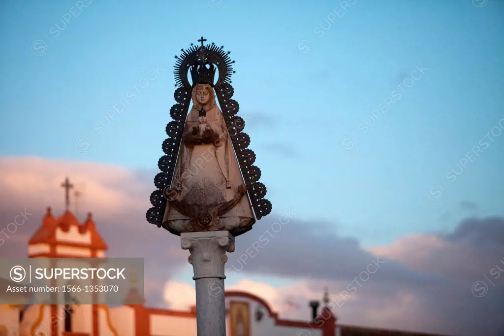 A sculpture of the Virgin of Rocio decorates the small village of El Rocio, in Almonte, Donana National Park, Huelva province, Andalusia, Spain, May 1...