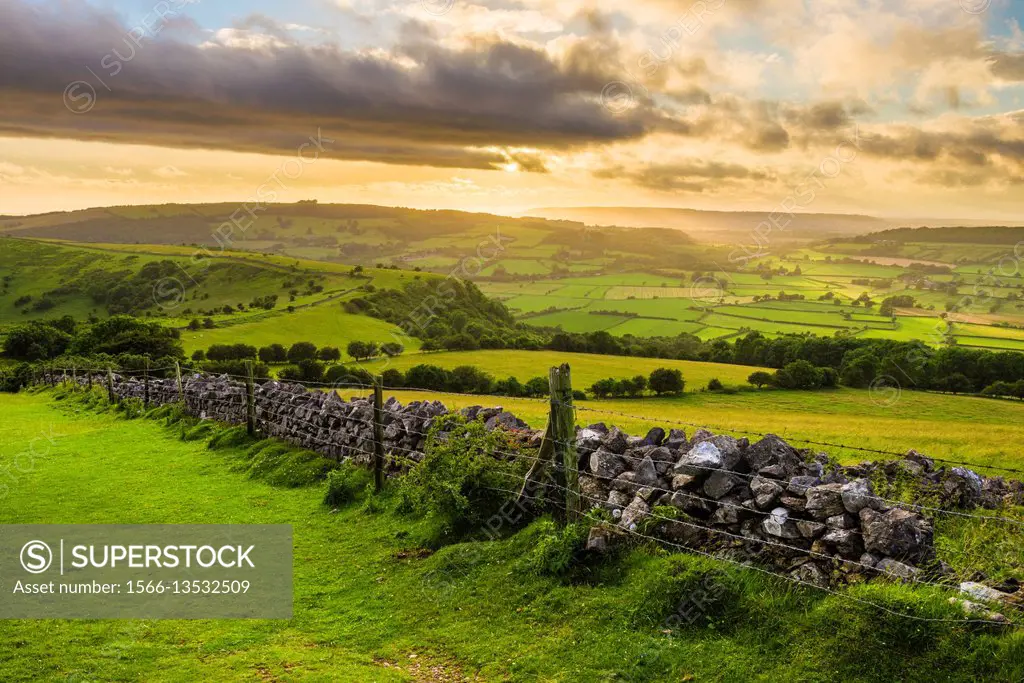 Farmland viewed from Wavering Down in the Mendip Hills. Somerset. England.