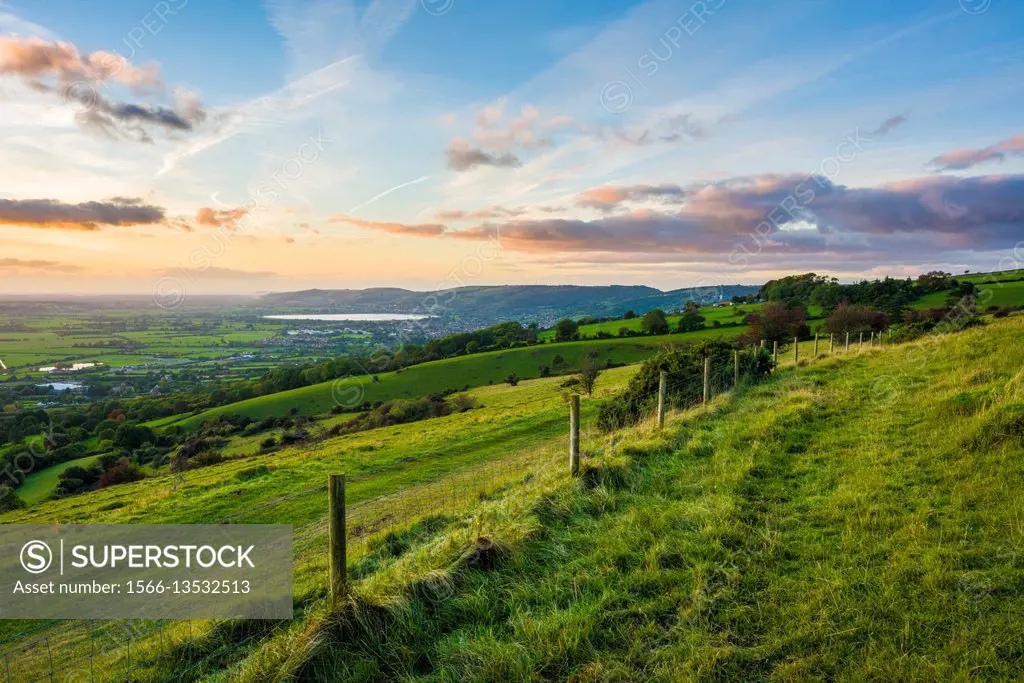 View of Cheddar and the Somerset Levels from Draycott Sleights in the Mendip Hills. Somerset. England.