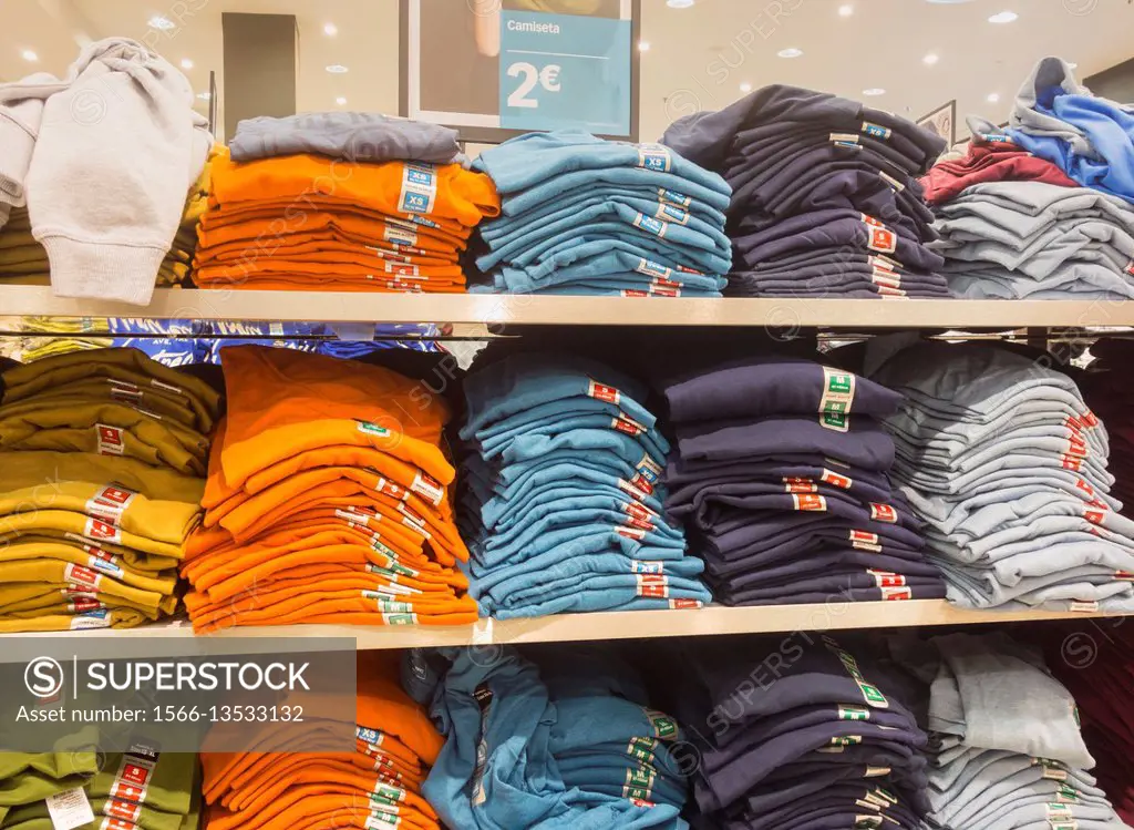 T shirts in Primark store in Spain.