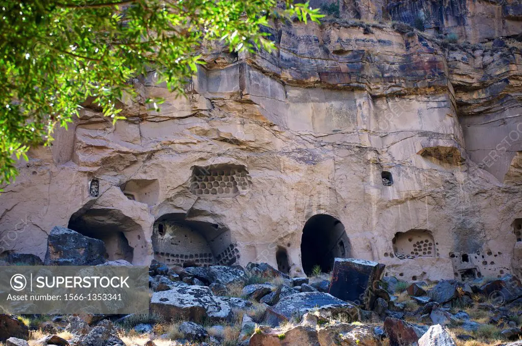 Cave dwellings and chapels in the Ilhara Valley near Belisirma. Cappadocia, Central Anatolia, Turkey.