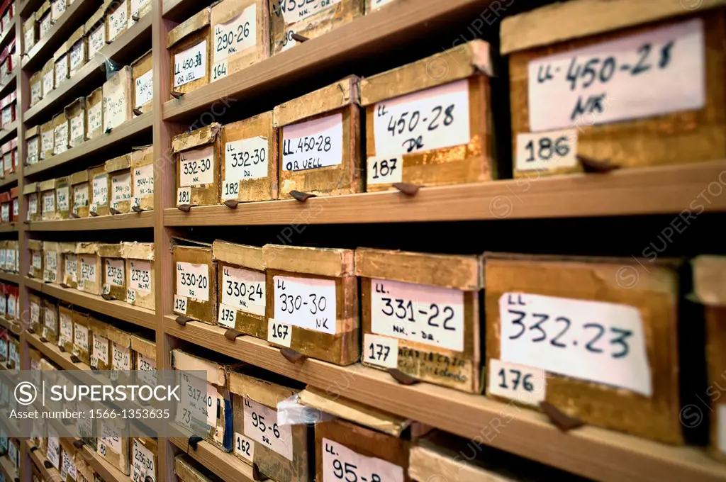 closeup of shelf full of boxes ordered by references in a warehouse