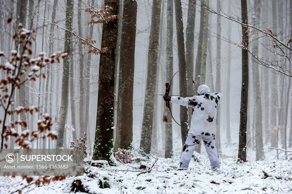 France, Alsace, Bas Rhin, Hunting Bow Archery in winter in winter dress.