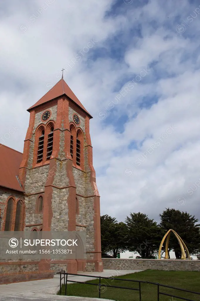 Falkland Islands, Stanley, Christ Church Cathedral with a large archway made from the jawbones of a Blue Whale, Anglican Church with whalebone monumen...