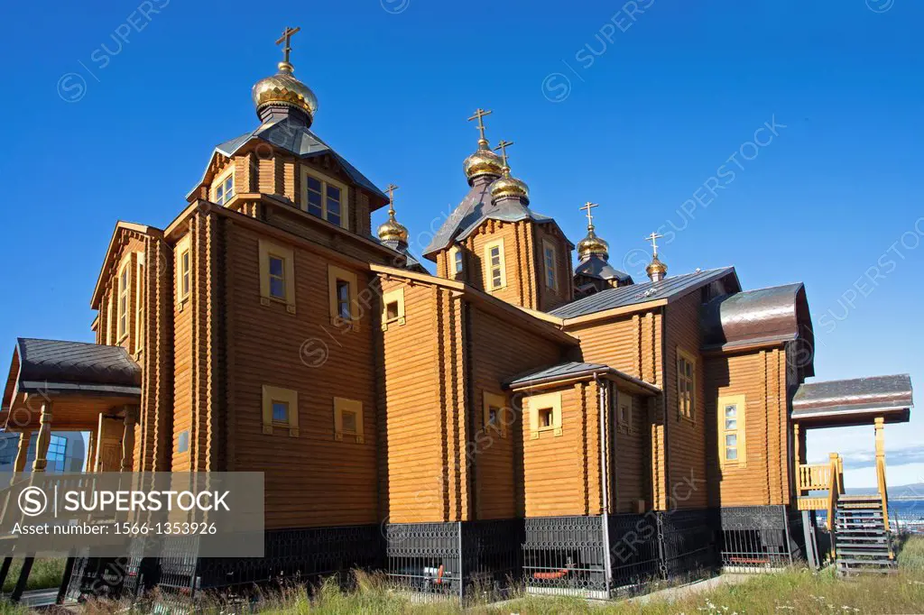 Russia , Chukotka autonomous district , Anadyr , headtown of the district , Holy Trinity Cathedral , the largest wooden church in Russia , build in 20...