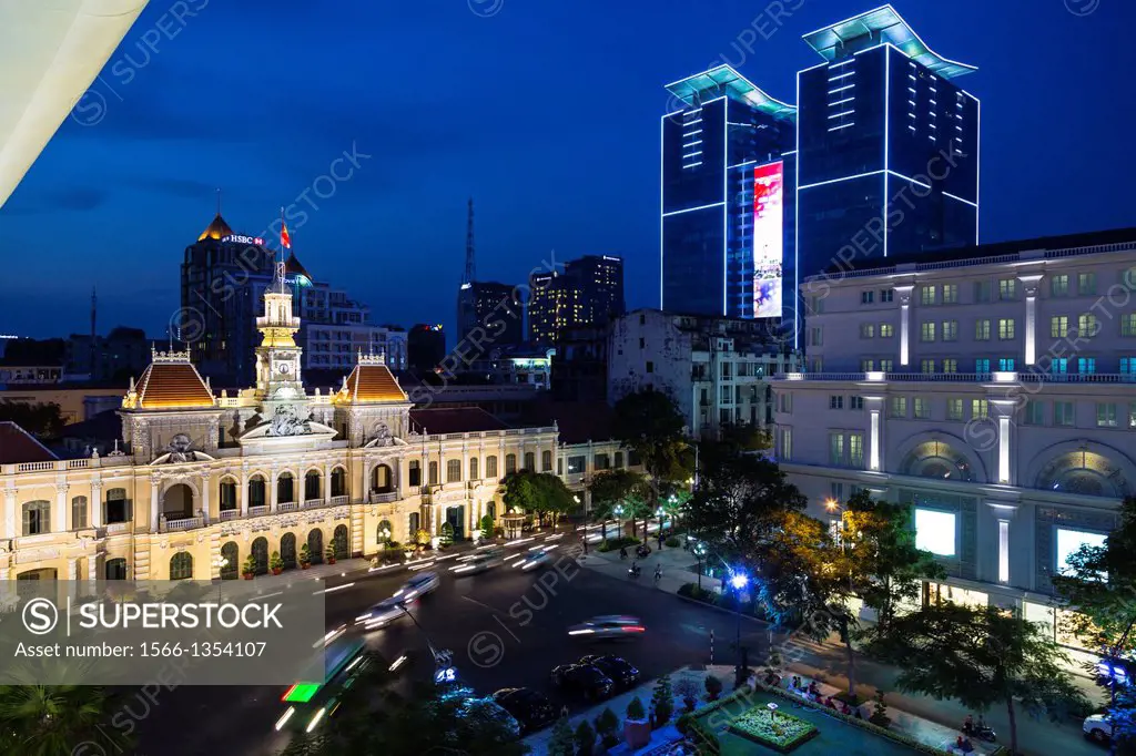 The Saigon, Ho Chi Minh City skyline illuminated at night, Vietnam, Asia.