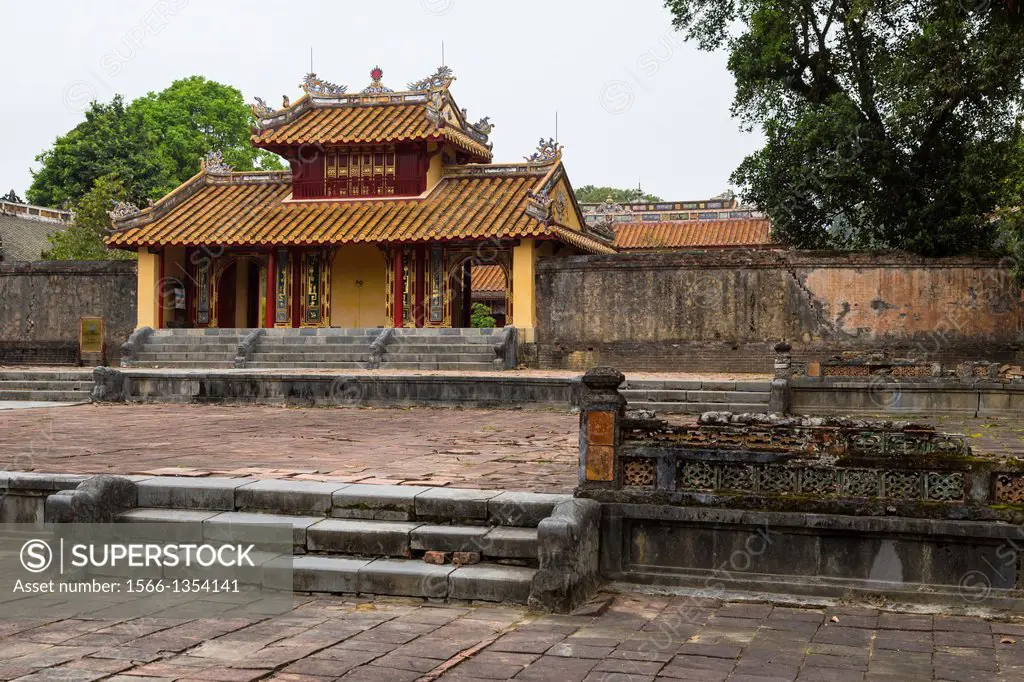 The Ming Mang Tomb complex of gates, buildings and statues near Hue, Vietnam, Asia.