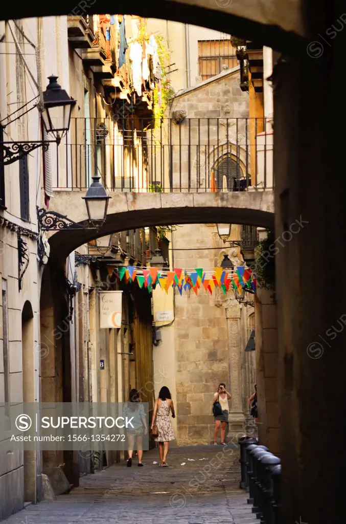 Street in Gothic Quarter, Barri Gòtic. Barcelona, Catalonia, Spain.