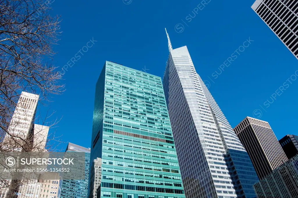Skyscrapers surrounding Bryant Park in Midtown Manhattan, New York City.