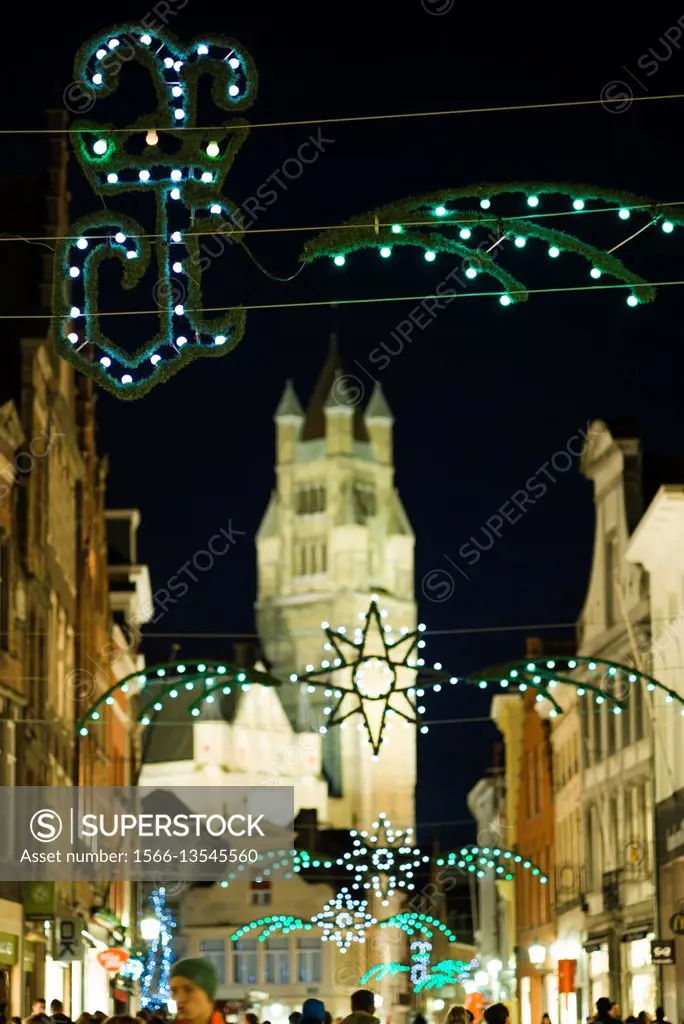 Belgium, Bruges, Steenstraat with Christmas decorations, evening.