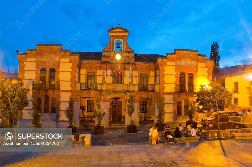 Town hall, night view. Rascafria, Madrid province, Spain.