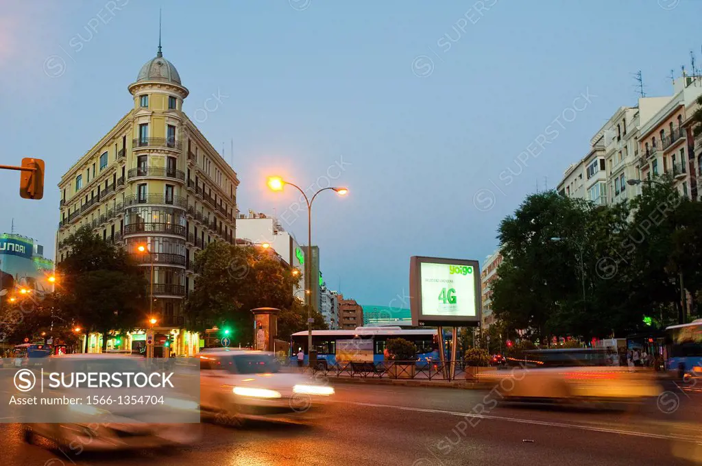Alcala street and Felipe II avenue, night view. Madrid, Spain.