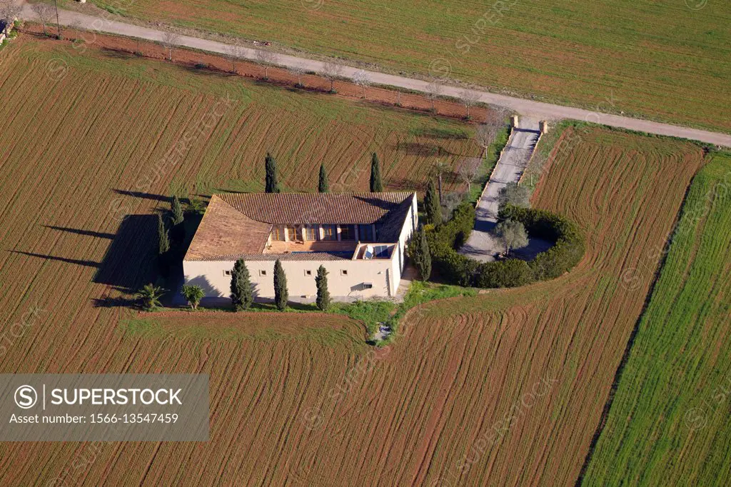 Aerial view of a house in the countryside, Mallorca lands, Balearic Island, Spain.