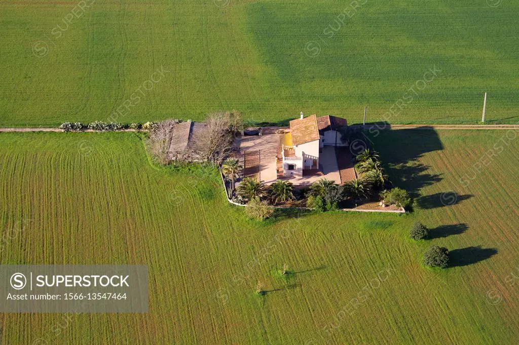 Aerial view of a house in the countryside, Mallorca lands, Balearic Island, Spain.