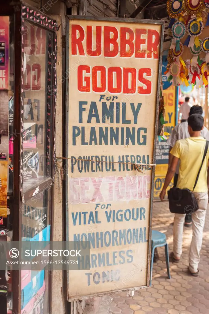 Rubber Goods for Family Planning sign in Kolkata (Calcutta), India.