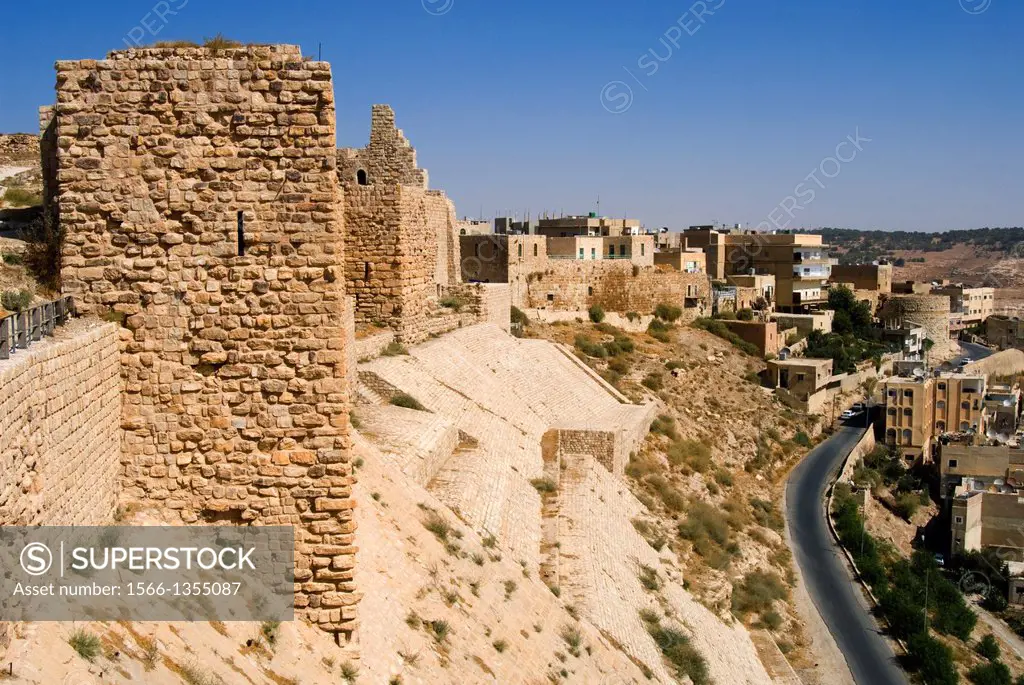 Fort walls, Crusader Kerak Fort, Kerak, Jordan, Middle East.