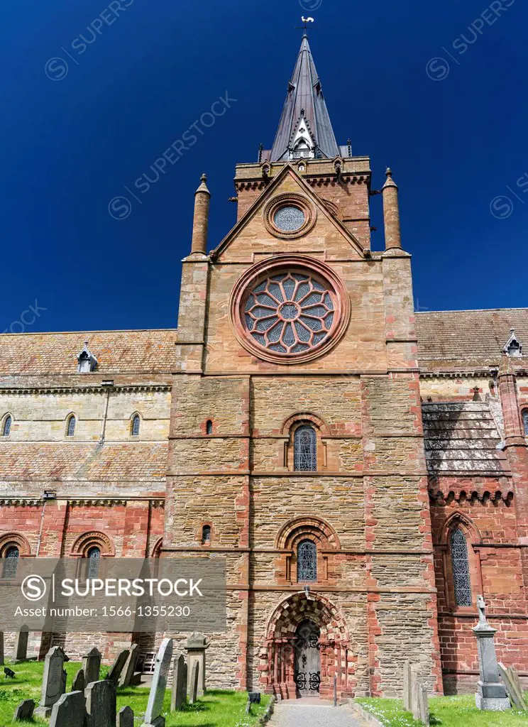 Kirkwall, the capital of the Orkney Islands, part of the Northern Isles of Scotland.St. Magnus Cathedral in the center of Kirkwall. the cathedral is a...