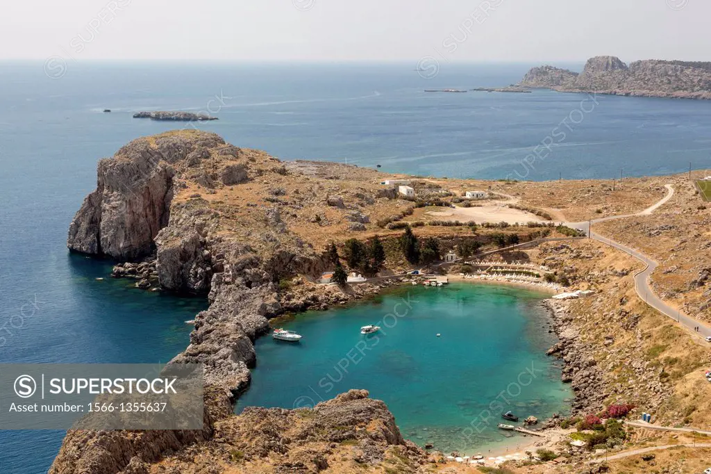 View of Saint Paul's Bay from the Acropolis, Lindos, Rhodes, Greece.