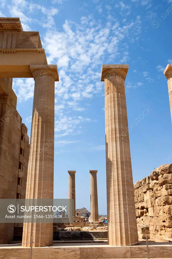 Columns of the Doric Temple of Athena Lindia, the Acropolis, Lindos, Rhodes, Greece.