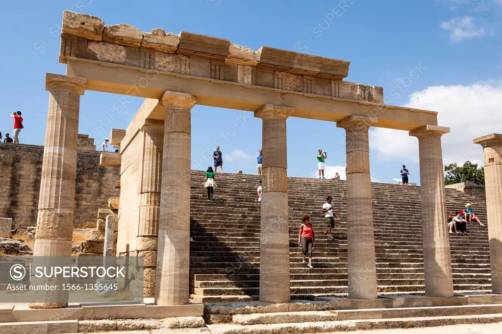 The Hellenistic Stoa and steps to the Propylaea at the Acropolis, Lindos, Rhodes, Greece.
