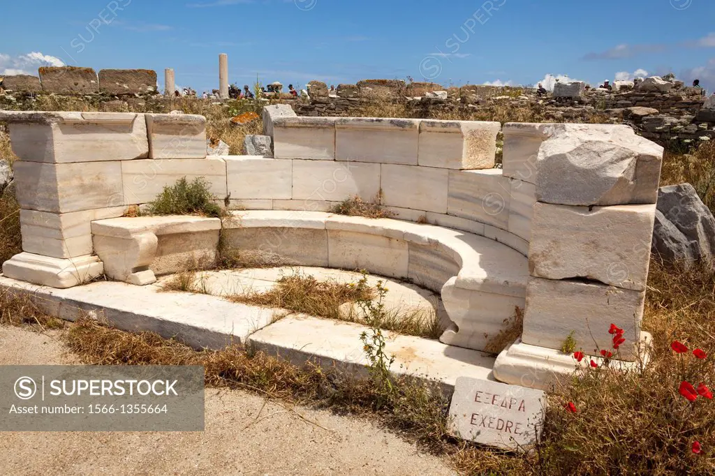 The Exedra, also known as Exedre, near Sacred Way, Delos Archaeological Site, Delos, near Mykonos, Greece.