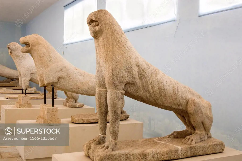 The original Lions of the Naxians inside Delos Museum, Delos Archaeological Site, Delos, near Mykonos, Greece.