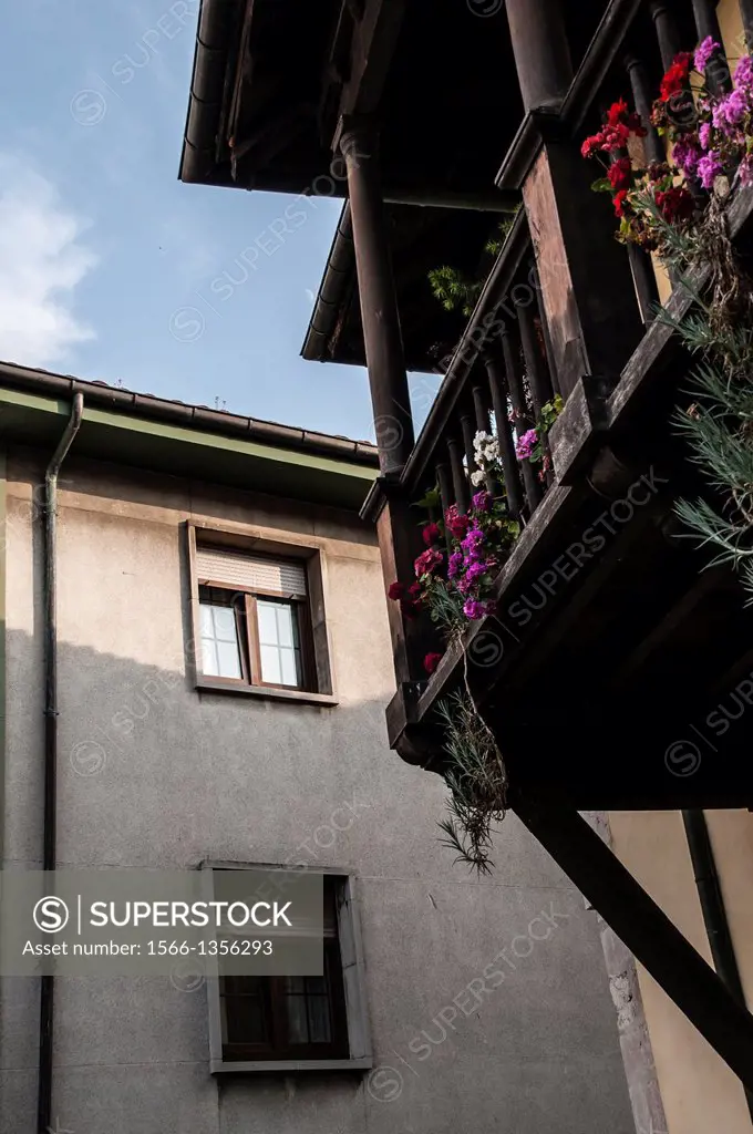 Detail of a wooden balcony in Llanes. Asturias. Spain.