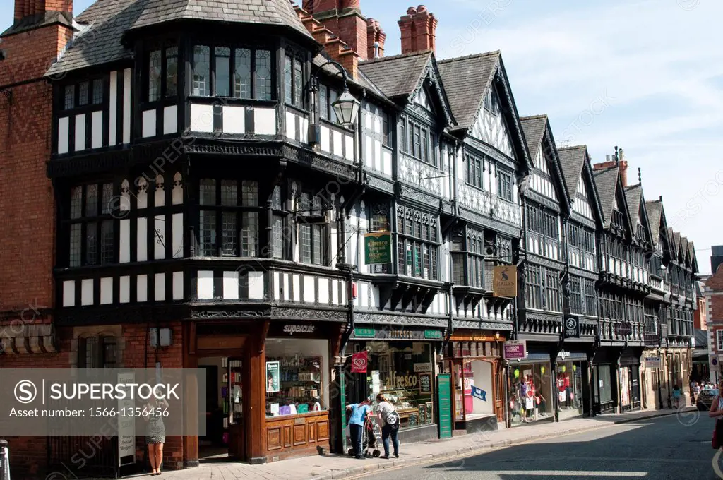 Line of shops in St Werburgh Street, Chester, UK.