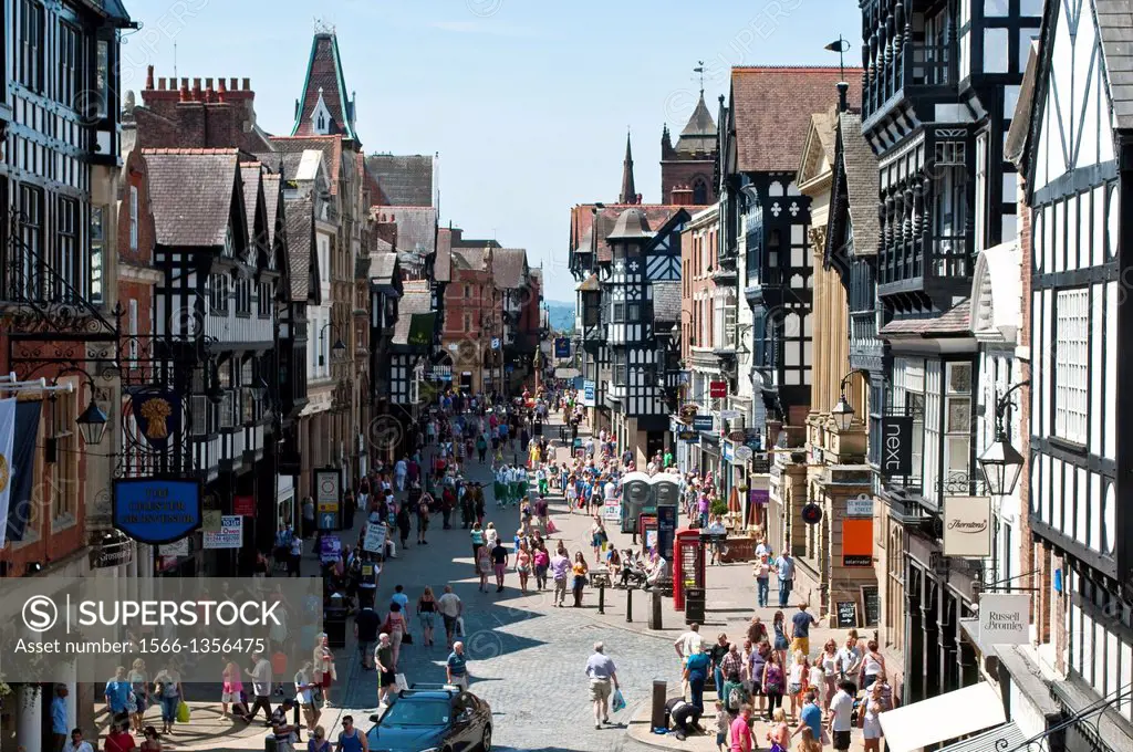 Busy Foregate Street, Chester, Cheshire, UK.